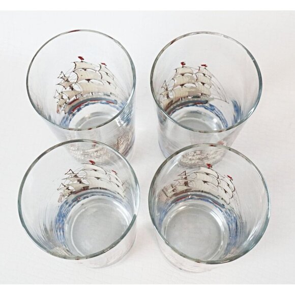 4 Vintage Galleon Ship Tumblers Drinking Glasses Pirate Ship Libbey Nautical - Picture 4 of 5